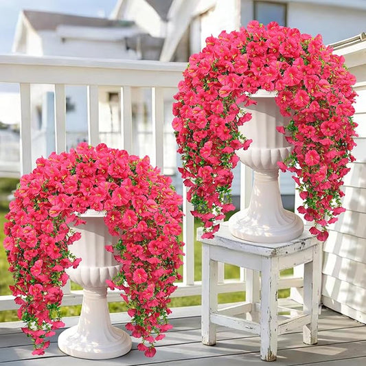 Artificial Hanging Flowers for Outdoors, 4 PCS 600 Blooms UV Resistant Morning Glory Faux Silk Vines, No-Odor Realistic Fake Plants for Garden Planter Porch Patio Decoration, Lotus