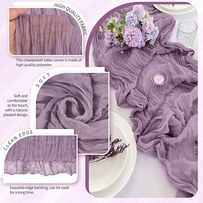 30 Pack Cheesecloth Table Runner 10FT Purple Table Runner Boho Gauze Cheese Cloth Table Runners Long Rustic Sheer Table Decorations for Wedding Party Baby Bridal Shower Birthday Holiday Home