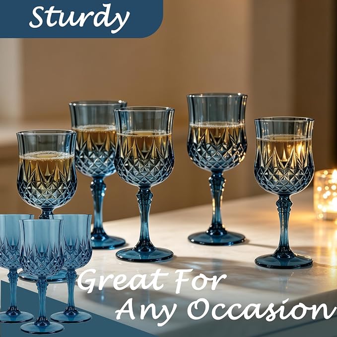 Plastic Wine Glasses, Plastic Goblets Vintage Style Cordial Unbreakable Drinking Glasses, Reusable Drinkware for Wedding Reception, Grand Event Party Supplies (48, Navy Blue)