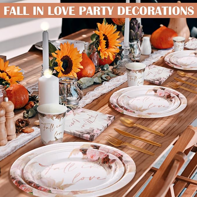 Shellwei 350 Pcs Fall in Love Bridal Shower Decorations Floral and Pumpkin Paper Plates and Napkins Set for 50 Guest Disposable Flower Paper Cups Knifes Forks Spoons for Fall Wedding Party