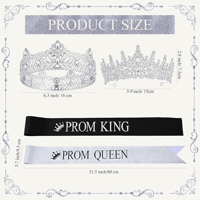 Retrowavy 4 Pcs Prom King and Queen Crown Set with Sashes Prom King Queen Sash and Tiara Set for 2026 Grad Birthday Carnival Wedding Costume Accessories(Silver)