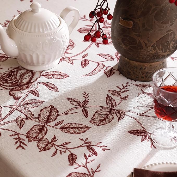 ISAENNE Designer French Linen Rectangular Tablecloth,71"x55"-Harmony | Vintage Elegant Table Cloth for Rectangle Table,Red Floral and Bird Pattern,Decor,Dining,Kitchen,Tea Party,Thanksgiving