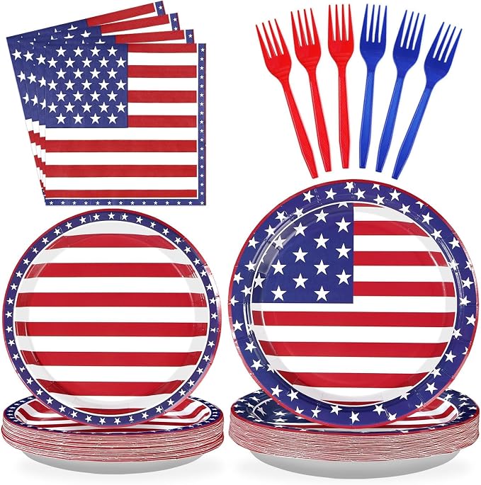 96Pcs 4th of July Patriotic Party Supplies Patriotic Paper Plates and Napkins US American Flag Disposable Tableware for 4th of July 250th Anniversary Memorial Day Party Decorations Serve 24
