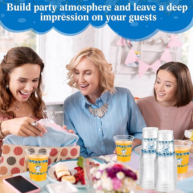Funnymoom 60 Pack Blue Elephant Baby Shower Cups It's a Boy 12 oz Disposable Clear Plastic Blue Baby Shower Cups for Boy Birthday Gender Reveal Elephant Theme Party Decoration Supplies