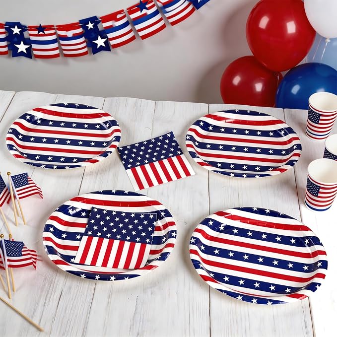 OuMuaMua 100 Pcs American Flag Patriotic Party Supplies, 12"x10" Oval Red White and Blue Paper Plates and Napkins Set, Heavy Duty Disposable Dinnerware for 4th of July, Independence Day, Veterans Day