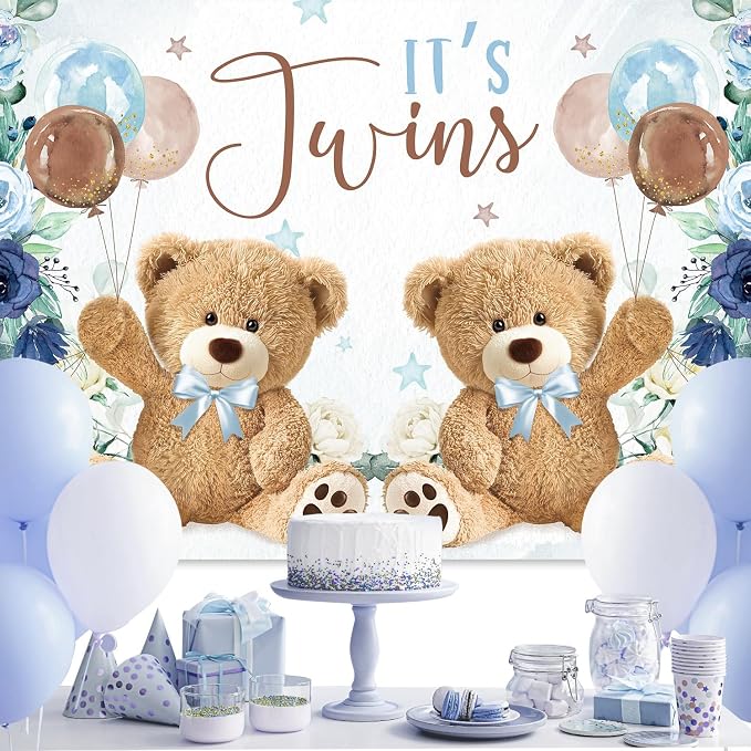 Twin Bear Boys Baby Shower Backdrop 7Wx5H Feet It's Twins Boy Navy Blue Floral Brown Balloon Newborn Polyester Fabric Cute Lovely Photography Backgrounds Photo Shoot Decor Props Decoration