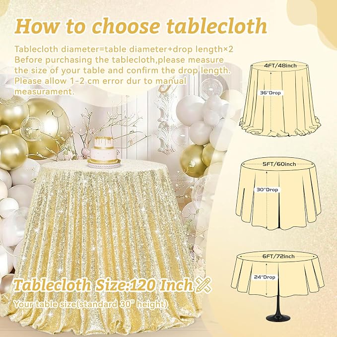 B-COOL Round Sequin Tablecloth Draping Decorations: Light Gold Tablecloths Sequin Overlay Shimmer Fabric for Birthday Dinner Parties Graguation 120 Inch