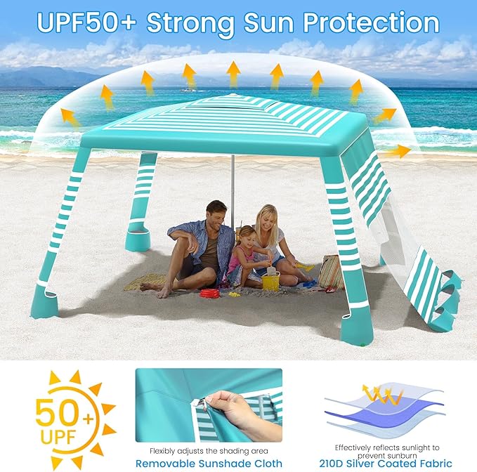 MoKo Beach Cabana, 8'×8' Large Beach Canopy with Side Wall, UPF 50+ Protection Easy Setup Beach Tent Sun Shelter, Adjustable Height Wind Resistant Cabana Beach Tent for Whole Family, Green Stripe