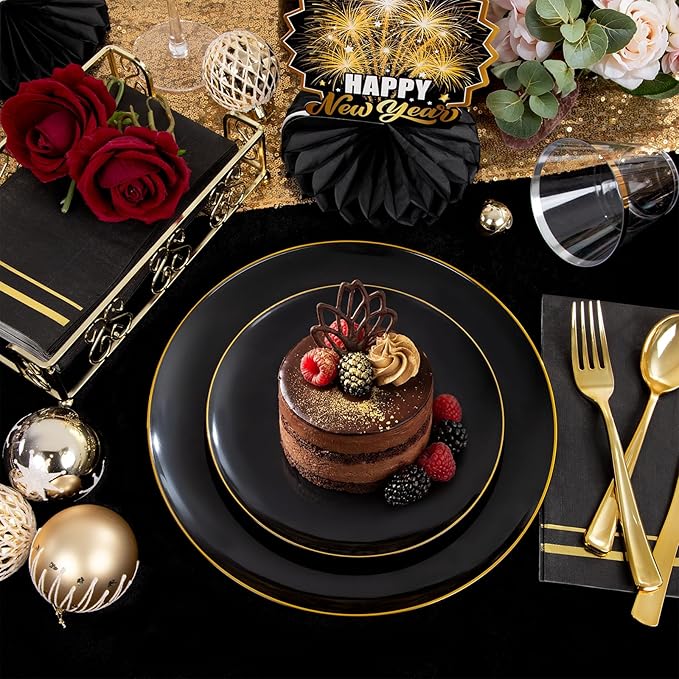NOCCUR 350PCS Black and Gold Plastic Plates - Black Disposable Dinnerware Set for 50 Guests, 100 Dinner/Dessert Plates, 150 Gold Silverware, 50 Cups&50 Napkins for Party/Birthday/Graduation