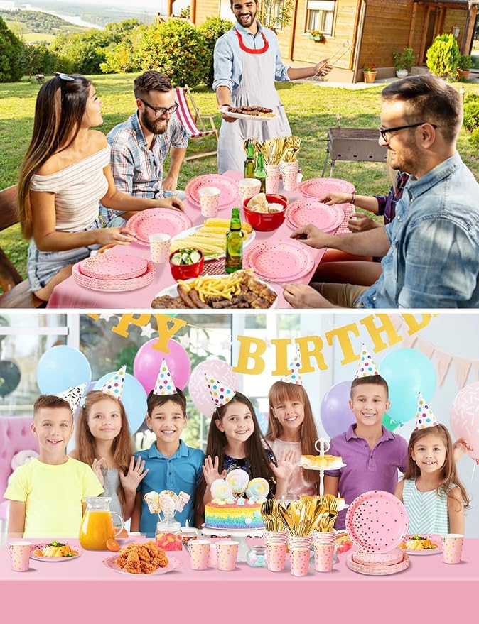 Nkaiso 141 Pieces Pink and Gold Party Supplies, Disposable Party Decorations Sets Include Paper Plates Napkins Cups, Plastic Forks Knives Spoons, for Baby Shower Birthday Wedding -20 Guests