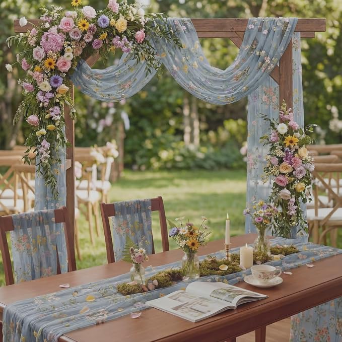 Blue Floral Table Runner 10ft Embroidery Tulle Spring Wildflower Table Runner Seasonal Summer Butterfly Kitchen Dining Gauze Decoration for Wedding Baby Bridal Shower Birthday Party (3 Pcs)
