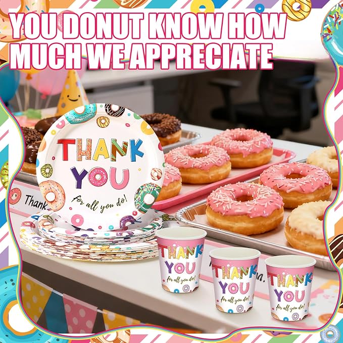 168 Pcs You Donut Know How Much We Appreciate CNA Week Gifts Bulk 2026 Party Decor Employee Appreciation Decoration Donut Thanks for All You Do Doughnut Tableware Set Serve 24 for Staff