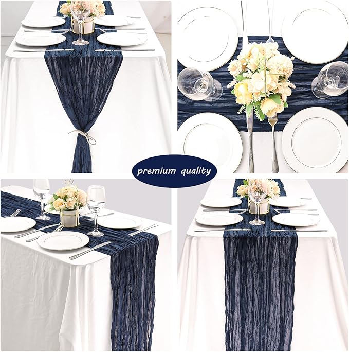 12 Pack 10Ft Cheesecloth Boho Gauze Table Runner - 35x120 Inch Rustic Cheese Cloth Long Table Runner for Wedding, Bridal Shower, Birthday Party Decor (Navy Blue)