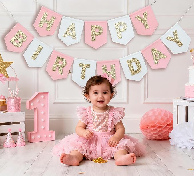 Felt Pink Gold White Happy Birthday Banner Birthday Decorations for Women Girls Boys Men Pets Handmade Party Backdrop
