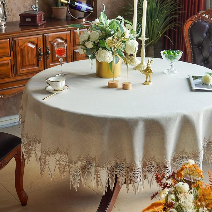 ARTABLE Lace Table Cloth Linen Grey Rustic Farmhouse Elegant Tablecloth Coffee Table Cover for Kitchen Home Dining (Stone Grey, 70 Inch Round)