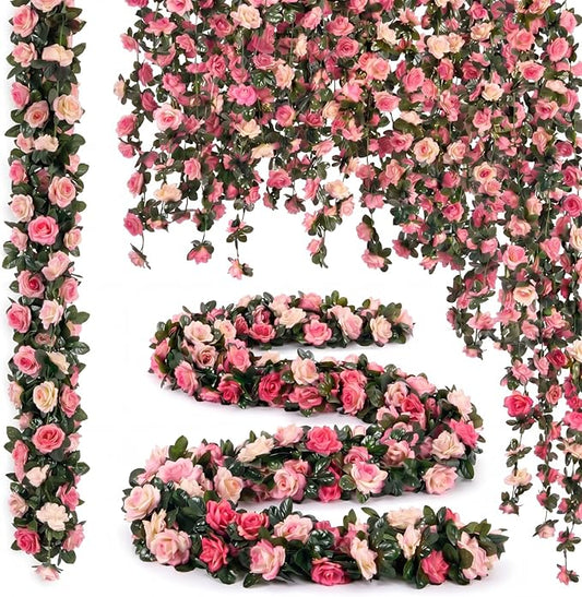 Suncalla 30 Pcs 246ft Flower Garland Artificial Vine with Green Leaves Hanging Fake Flower Vines Ivy Garlands Wall Garden Decor for Room Wedding Birthday Arch Decor (Pink)