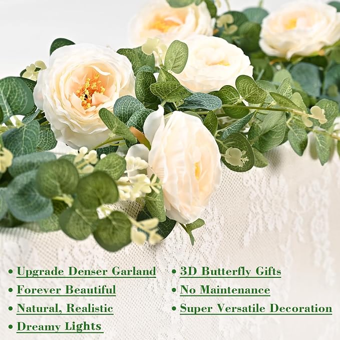 Yastouay 6 Ft Fuller Flower Garland with Light Butterfly, Artificial Eucalyptus Garland with Champagne Flowers Fake Rose Camellia Vine for Table Centerpiece Wedding Arch Room Decor