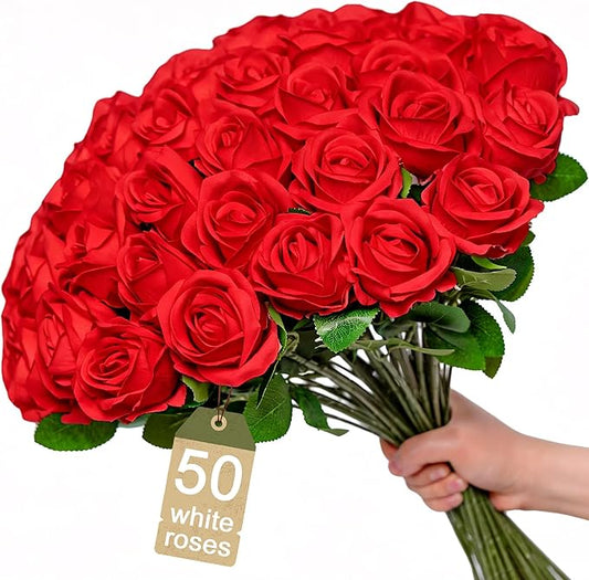 Wrbtn[100 Pcs Realistic Artificial Flowers Red Roses Bulk, Silk Flowers for Wedding Decorations & Home Decor,Bridal Bouquets & Centerpieces,Perfect for Halloween&Valentine's Day Decorations (50, Red)