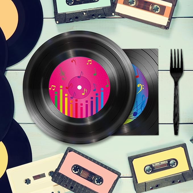 200 PCS Vinyl Record Tableware Disposable for 1950's Rock Music Party Supplies Back to 50s Rock Dinnerware Set Dessert Paper Plates Napkins Forks 50's Theme Party Retro Decorations Serve 50 guest