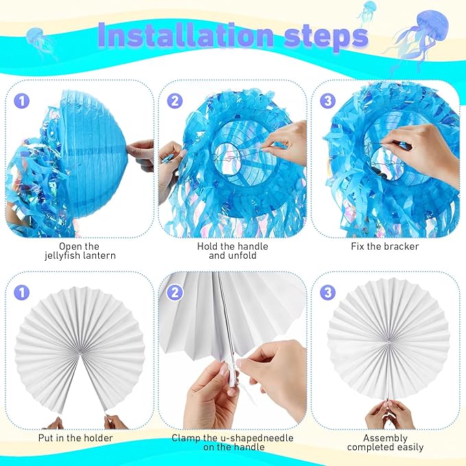 Teyva Daily 16 Pcs Hanging Jellyfish Decorations Jellyfish Paper Lanterns Folding Paper Fan Birthday Party Decor Colorful Beautiful Floating Sky Lanterns for Under The Sea Ocean Mermaid Party