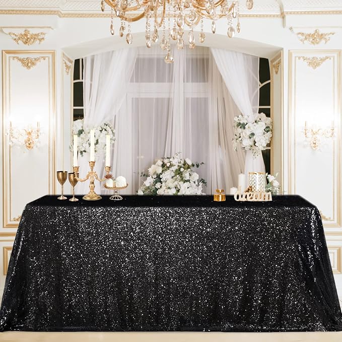 B-COOL Seamless Sequin Table Cloth Black Glitter Design Table Cloth Wedding Overlay Birthday Party Tables Decoration Fabric 90x132-inch (Black)