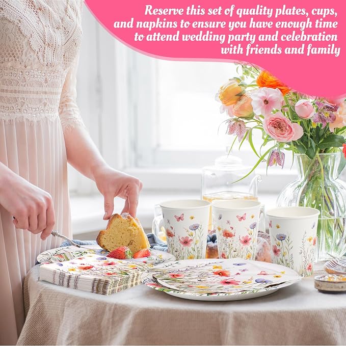 Ziliny 250 Pcs Wildflower Party Decorations Include Spring Summer Floral Paper Plates Napkins and Cups for Wildflower Baby Shower Tea Decorations, Serve 50 Guest(Colored,Vivid Style)