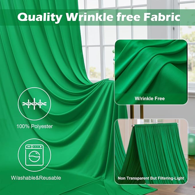 30 ft x 10ft Wrinkle Free Green Backdrop Curtain for Parties, 6 Panels 5x10ft Silky Polyester Green Backdrop Drapes Photo Back Drop Cloth for Wedding Birthday Baby Shower Photography Background