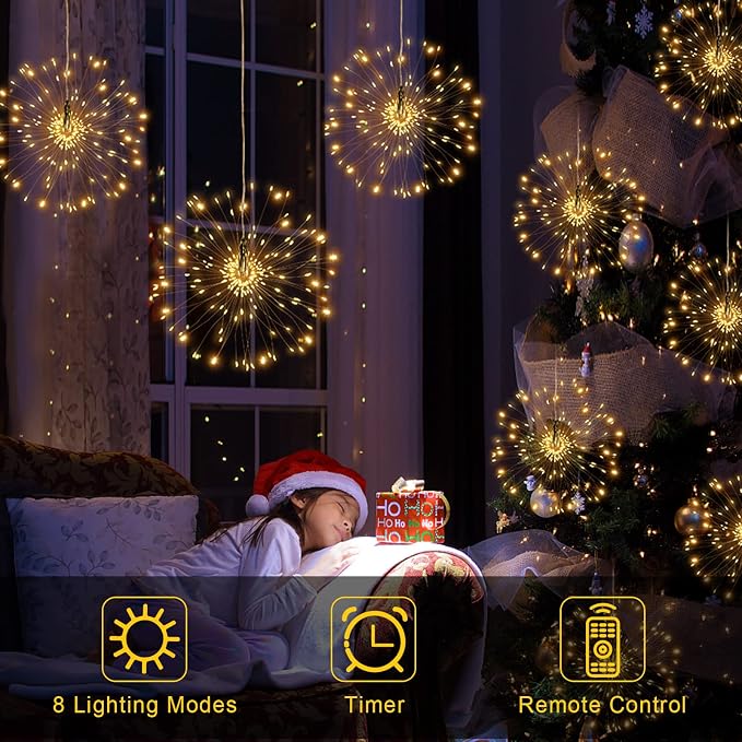 FOOING 8 Pack Firework Lights Led Copper Wire Star String Lights 8 Modes Battery Operated Fairy Lights with Remote,Wedding Decorative Hanging Light for Party Patio Garden Decoration