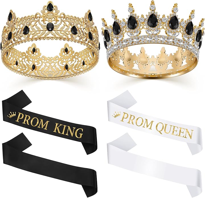 6 Pieces Prom King and Queen Crowns Sashes Set, Crystal Tiara for 2026 Homecoming Graduation Party Birthday Wedding