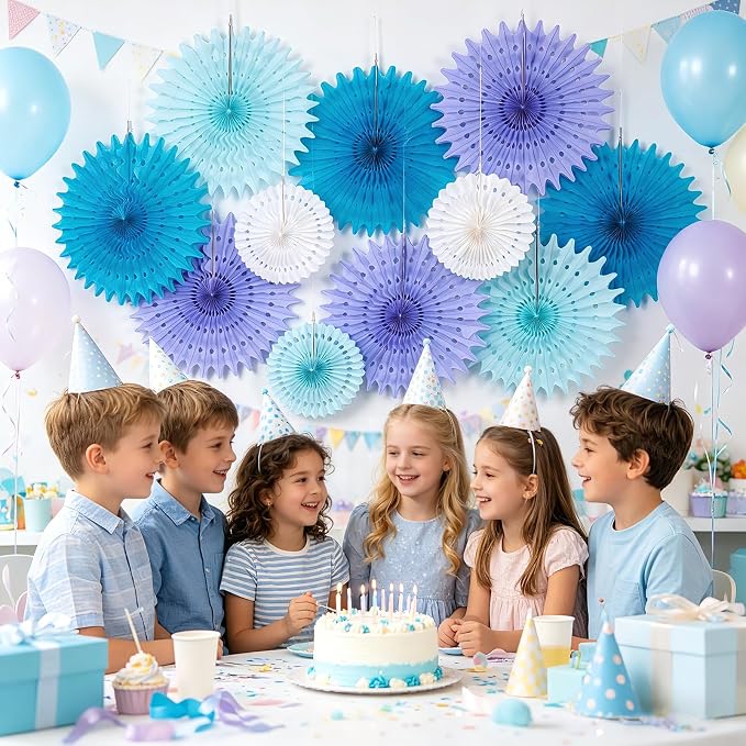 SUNBEAUTY Pack of 11 Purple Lavender Blue Hanging Honeycomb Paper Fans Decoration Mermaid Theme Tissue Paper Fan Garland for Baby Shower Girl Kid Birthday Under The Sea Wedding Party Supplies