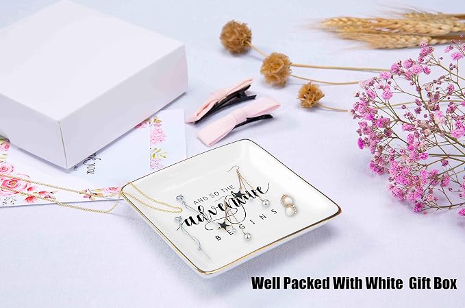 Graduation,Birthday,Promotion,Going Away,Moving Away,New Job,Divorce,Retirement Gift-Bride to Be -Wedding Engagement Gift-Wedding present for Bride-Ceramic Jewelry Holder Ring Dish Trinket Tray