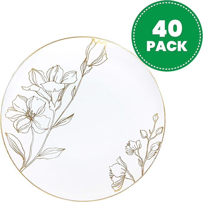 [9'' Plates 40 Count] White Plastic Floral Design Party Dinner Plates With Gold Rim Premium heavyweight Elegant Disposable Tableware Dishes