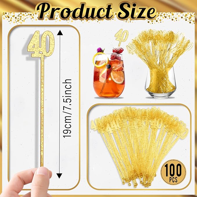 Reallnaive 100 Pcs 40th Birthday Drink Stirrers Gold Glitter Cocktail Stirrers Plastic Swizzle Sticks 7.5 Inch Fall Birthday Cupcake Toppers Sticks Bulk for Coffee Bar Cake Pops Christmas Party Favor