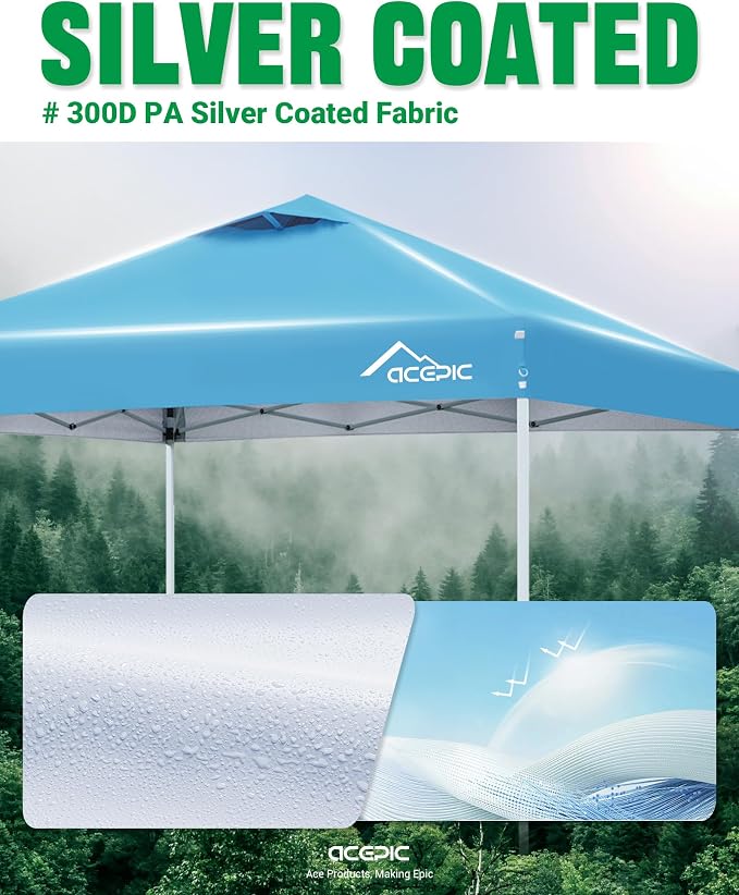 Acepic 10x10 Pop Up Canopy Tent,300D Silver-Coating Top,Pop Up Canopy Tent Instant Portable Shelter with 1-Button Push and Wheel Carry Bag, 8 Stakes and 4 Upgraded Canopy Weights (Serene Blue, 10x10)