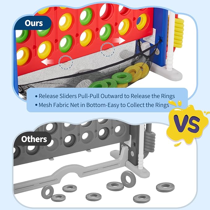 Giant 4-in-a-Row Game Set, Whale Design 4-in-1 with Basketball Hoop, Golf, Ring Toss, 42 Jumbo Rings, Adjustable Height, Quick-Release Catch Net - Outdoor Play for Kids & Adults
