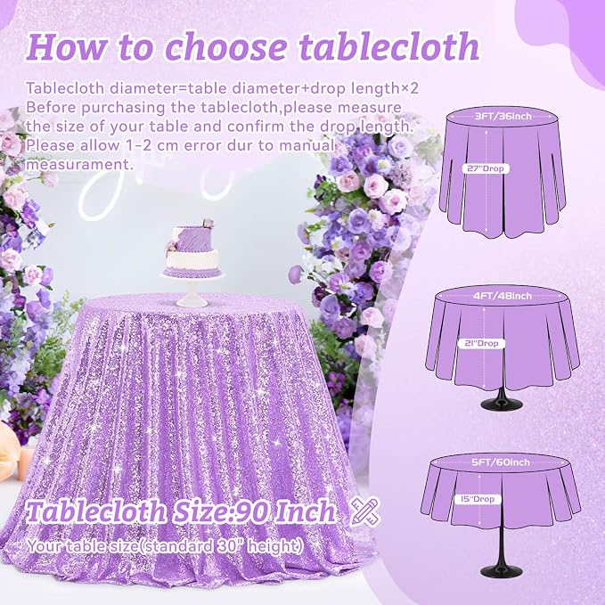 B-COOL Sequin Tablecloth Round Party Decorations: 90 Inch Tablecloths Lavender Overlay Shimmer Fabric for Indoor Outdoor Gathering Parties