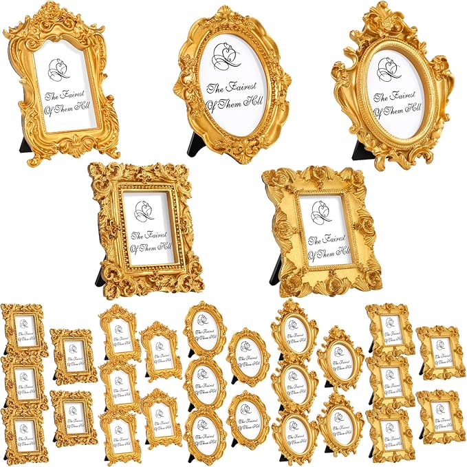 Maitys 30 Pcs Mini Picture Vintage Frames with Stands Tiny Antique Photo Baroque Ornate Resin Oval Frame Table Top Display Home Wedding Decor (Gold)