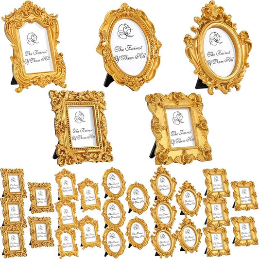 Maitys 30 Pcs Mini Picture Vintage Frames with Stands Tiny Antique Photo Baroque Ornate Resin Oval Frame Table Top Display Home Wedding Decor (Gold)