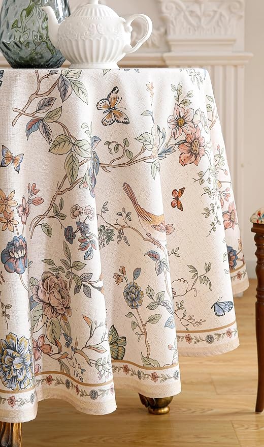ISAENNE Designer French Linen Round Tablecloth,Diameter 67"-Cornucopia | Vintage Elegant Floral and Bird Pattern Beautiful Durable Table Cloth for Dining Room Tea Party Kitchen Thanksgiving,Decor