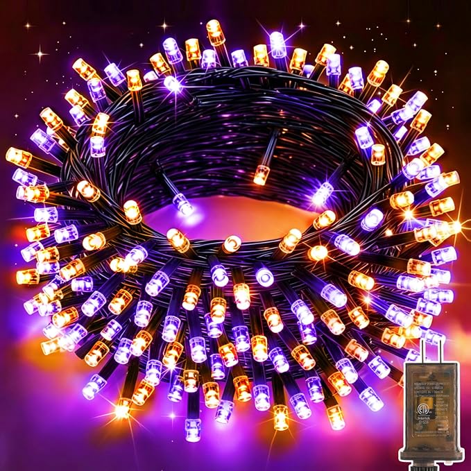 KNONEW Purple and Orange Halloween Lights 60FT 180 LED Indoor Outdoor String Light with 8 Lighting Modes, Timer Memory Function Plug in for Halloween Party Home Garden Roof Decorations