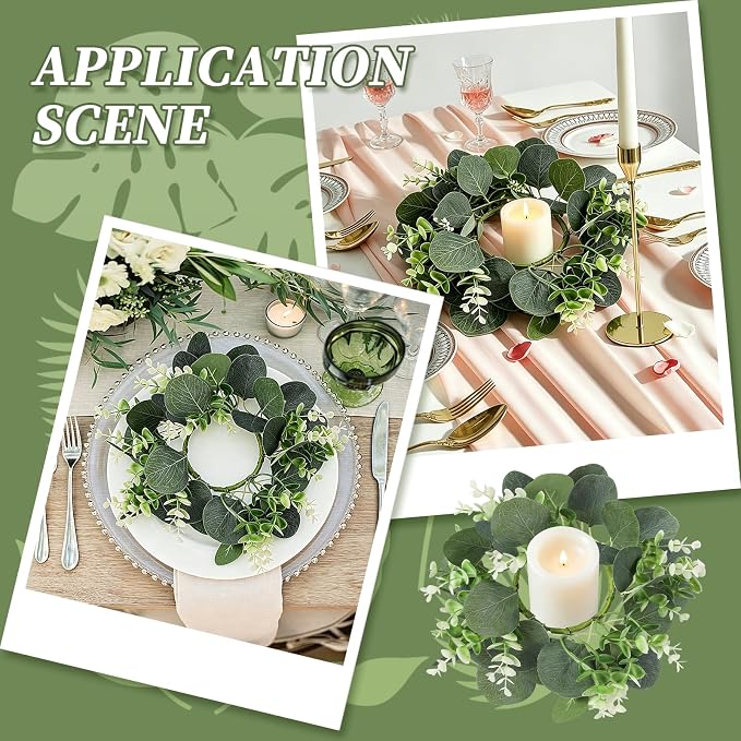 6 Pack Artificial Eucalyptus Candle Rings Wreaths with Burlap Bow, 4.3 Inch Mini Wreaths for Pillar Candles, Window & Chair Decor, Greenery Candle Rings for Wedding Centerpieces, Home Decor