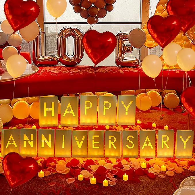 Happy Anniversary Light Up Letters, Rose Petals LED Tea Lights Candles Latex Foil Balloons, Paper Luminary Bags for Her Him Proposal Anniversary Valentines' Day Decorations