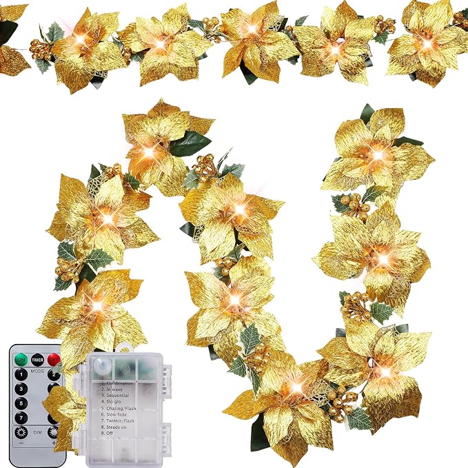 Zubebe 2 Pcs Prelit Poinsettia Christmas Garland with String Lights Glitter Holly Leaves Berries Remote Timer 8 Modes 6.5 ft Lighted Flower Garland Battery Operated Indoor Outdoor Decor(Gold)
