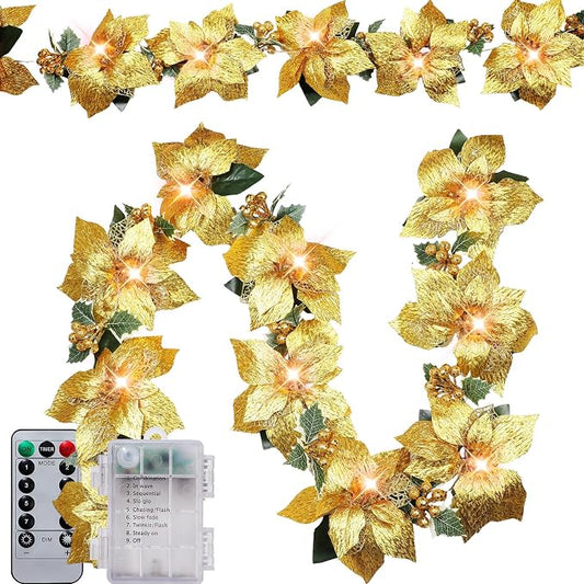 Zubebe 2 Pcs Prelit Poinsettia Christmas Garland with String Lights Glitter Holly Leaves Berries Remote Timer 8 Modes 6.5 ft Lighted Flower Garland Battery Operated Indoor Outdoor Decor(Gold)