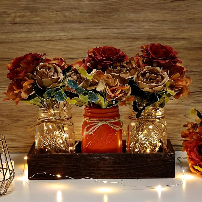 Mason Jar Centerpiece Orange Flower Kitchen Table Decor with Lights | 3 Piece Farmhouse Coffee Table Decor with Fake Flowers Wood Tray for Living Dining Room Bathroom Wedding Outdoor Decoration