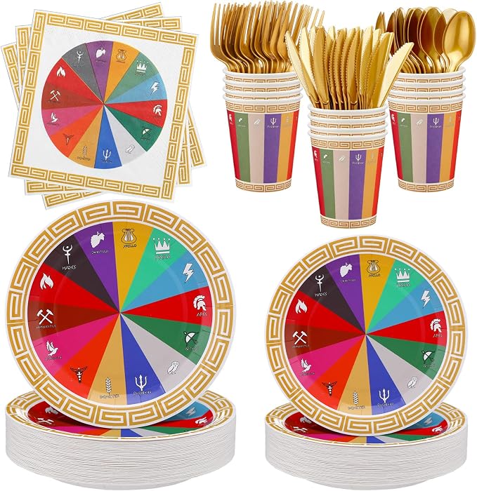 FoldTier 350 Pcs Greek Mythology Party Supplies Greek God Disposable Plates Napkins Cups Tableware Set, Ancient Greeks Themed Party Decorations for Camp Half Blood Birthday, Serves 50