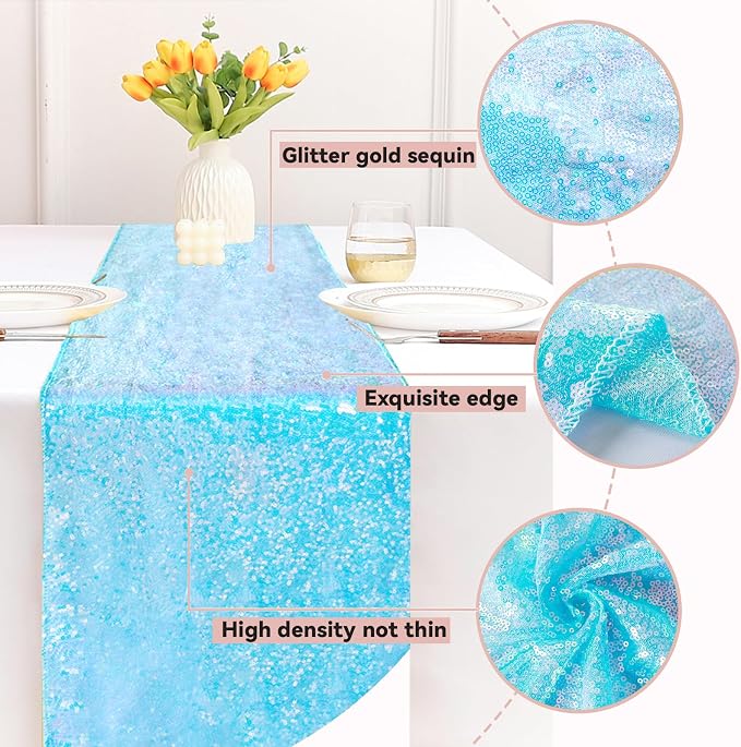 Sugargirl 10 Packs 12 x 72 inches Sequin Table Runner, Glitter Mermaid Blue Table Runner for Birthday Party Supplies Wedding Holiday Celebration Event Decorations