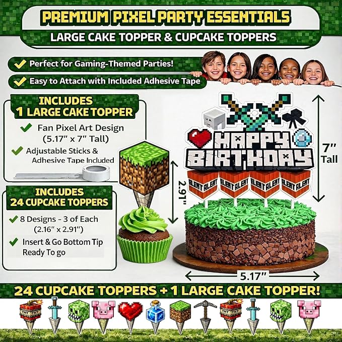 Pixel Game Birthday Party Decorations - Miner Supplies Set Gaming Theme - Including Backdrop Balloons Tablecloth Plates Toppers Napkins Favor Bags Stickers - Mining Bday Pack Craft Decor Kit