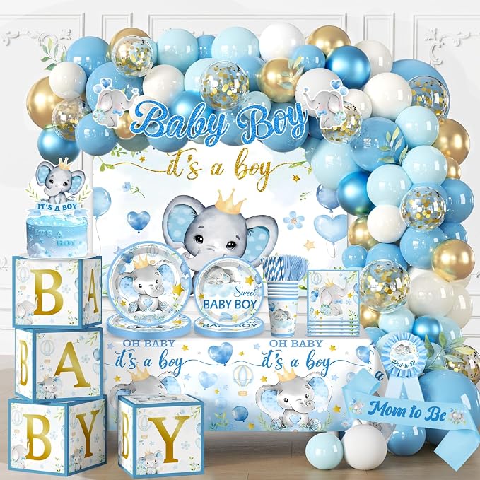 cocomigo 260PCS Elephant Baby Shower Decorations, All-in-1 Party Pack, Includes 20 Elephant Theme Tableware, Backdrop Tablecloth Balloon Kit for Baby Shower Decorations Boy
