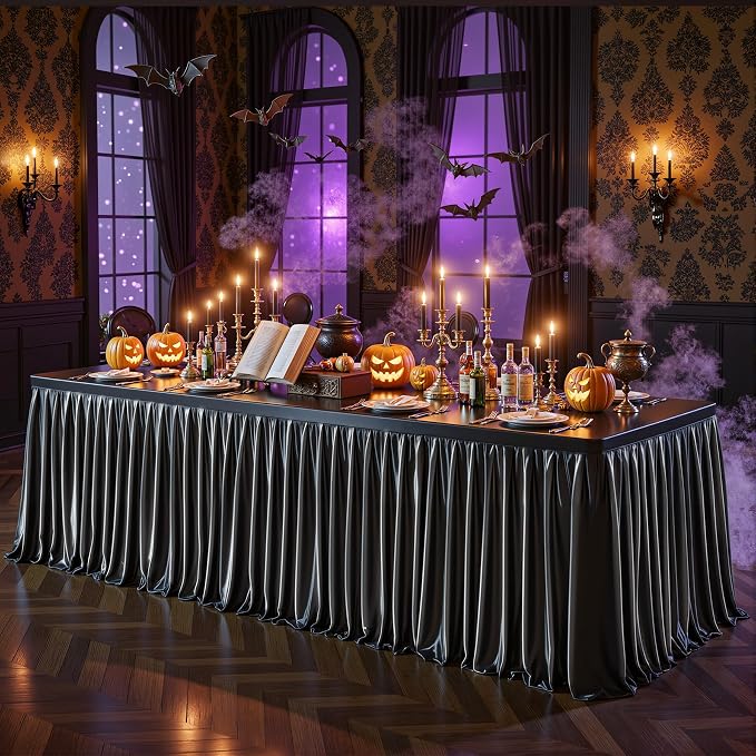 2 Packs Black Satin Tablecloths Rectangle 8FT, Glitter Spandex Fitted Stretch Table Covers Wrinkle-Free Floor Length Shimmer Table Skirt for Weddings Parties Baby Shower Banquets Vendor Events